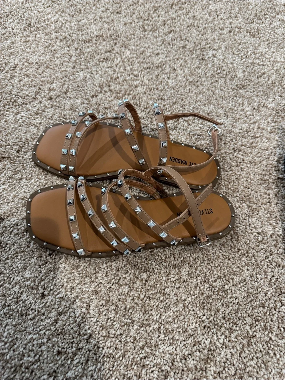Steve Madden Tan Pyramid-Stud Multi-Strap Sandals
